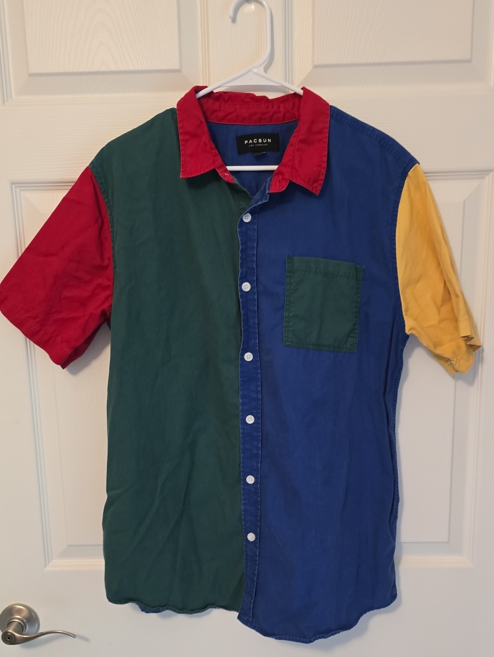 PacSun Men's Colorblock Short Sleeve Button-Up Shirt - Red/Green/Blue/Yellow